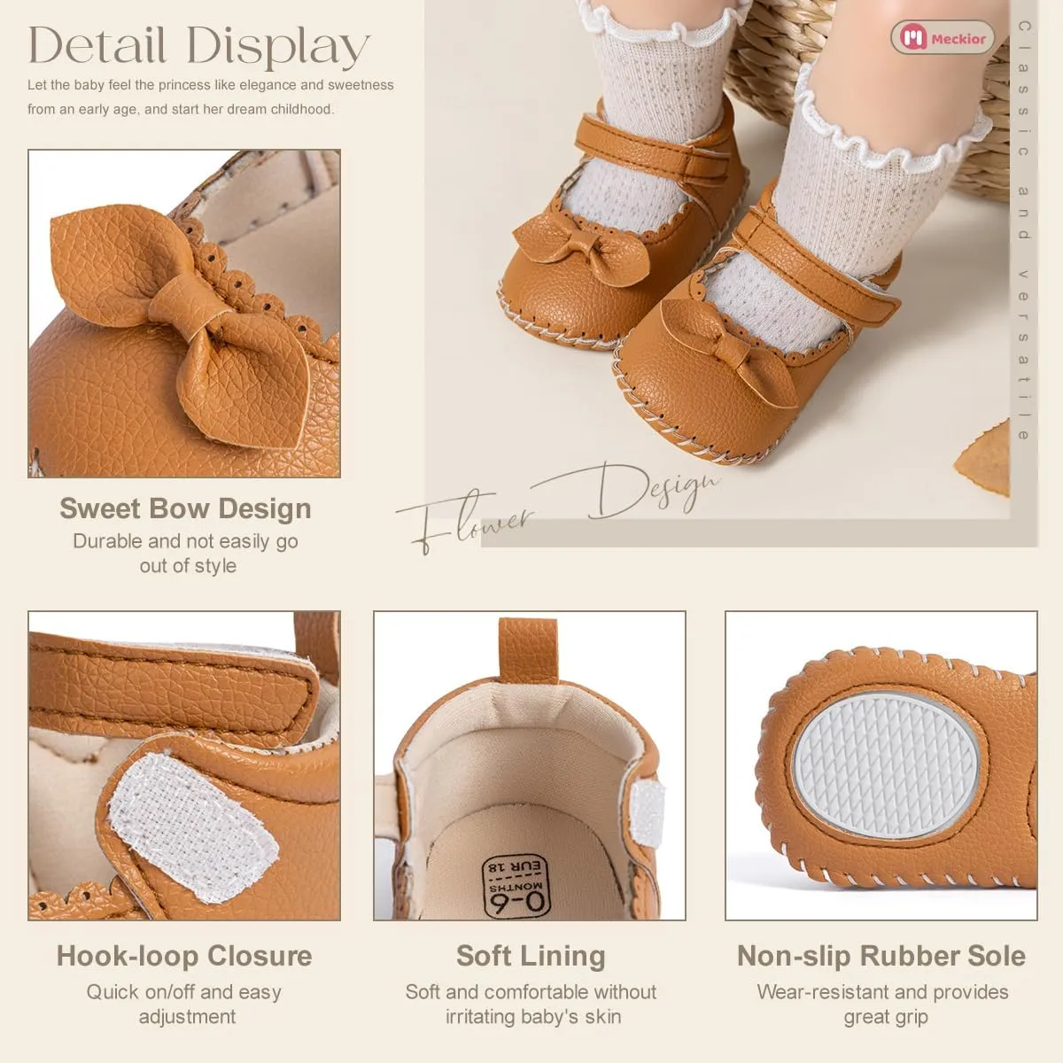 Meckior Infant Baby Girls Boys Handmade Princess Flats Toddler First Walkers Soft PU Leather Non-Slip Crib Wedding Dress Shoes