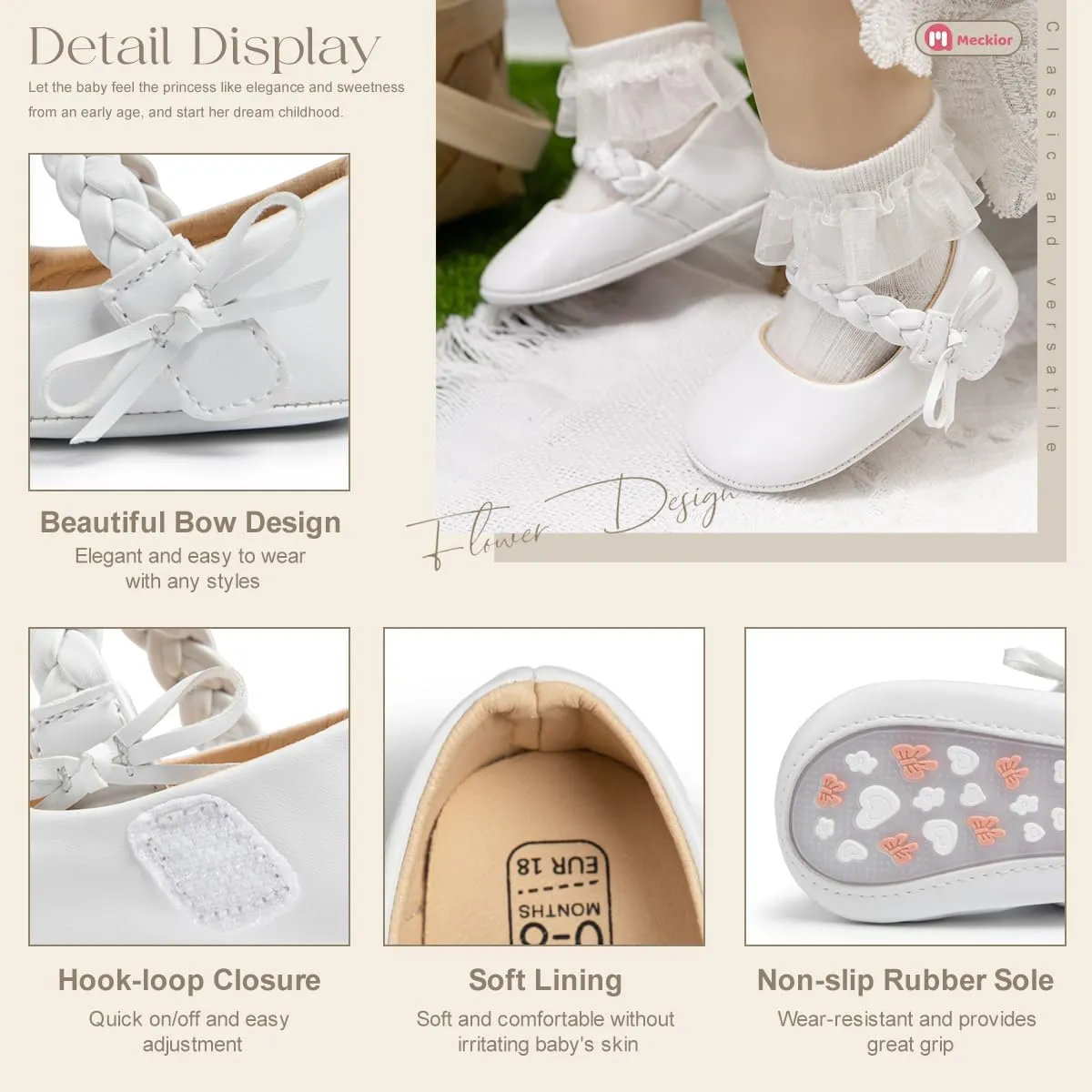 Meckior Infant Baby Girls Boys Handmade Princess Flats Toddler First Walkers Soft PU Leather Non-Slip Crib Wedding Dress Shoes