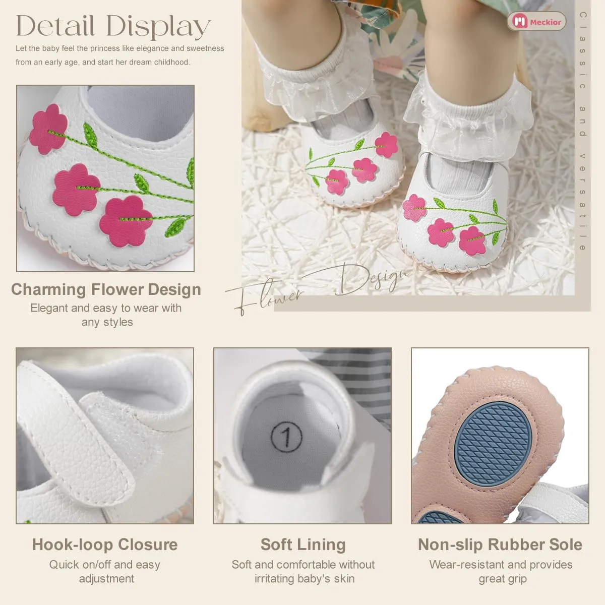 Meckior Infant Baby Girls Boys Handmade Princess Flats Toddler First Walkers Soft PU Leather Non-Slip Crib Wedding Dress Shoes