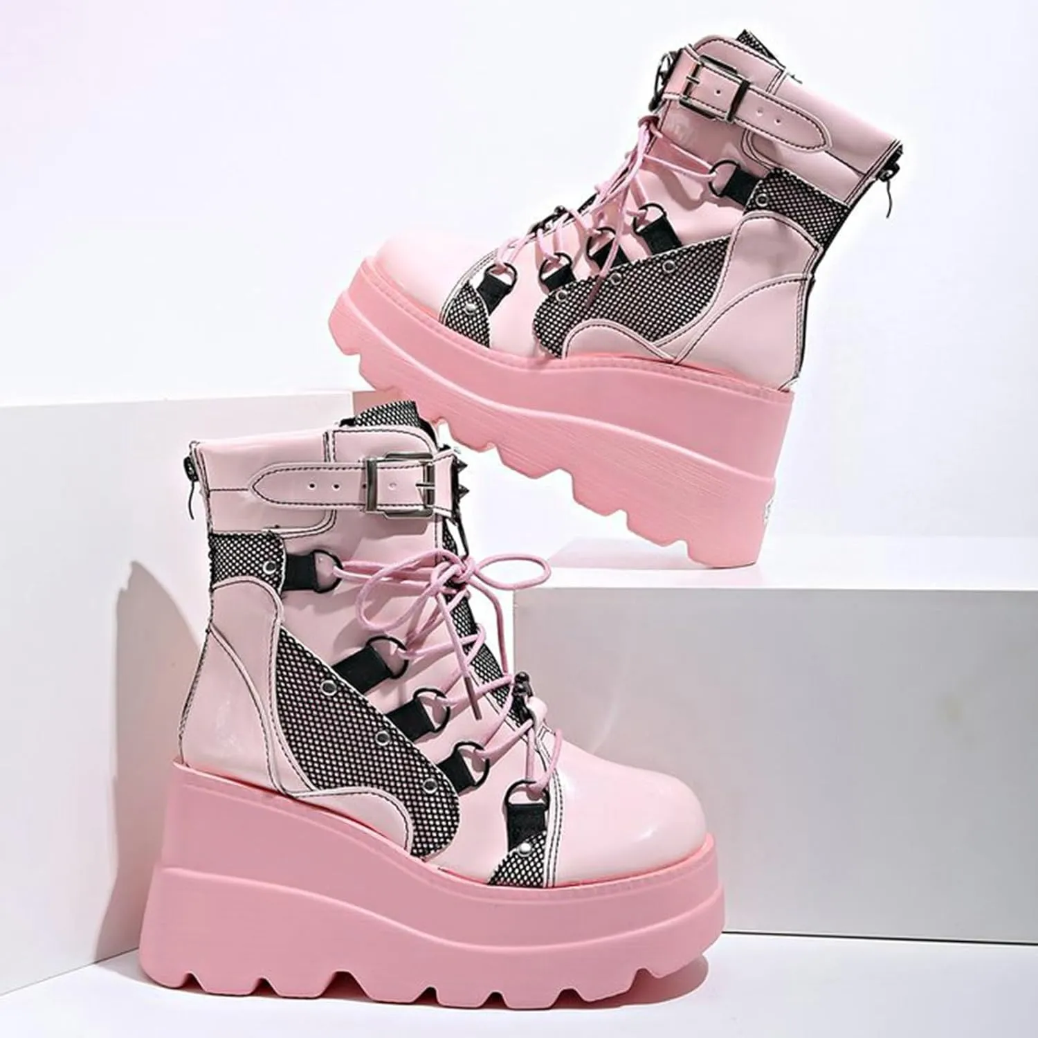 Meefit Women Goth platform Boots Wedge High Heel Lace Up Ankle Boots Round Toe Combat Booties Motorcycle Boot