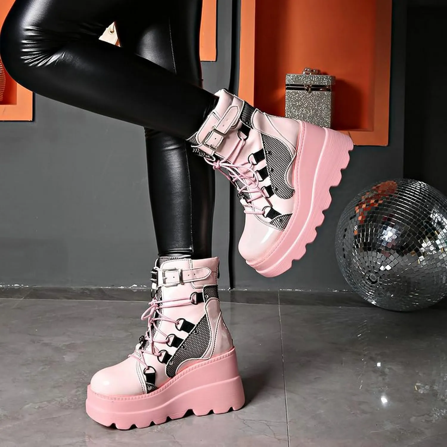 Meefit Women Goth platform Boots Wedge High Heel Lace Up Ankle Boots Round Toe Combat Booties Motorcycle Boot