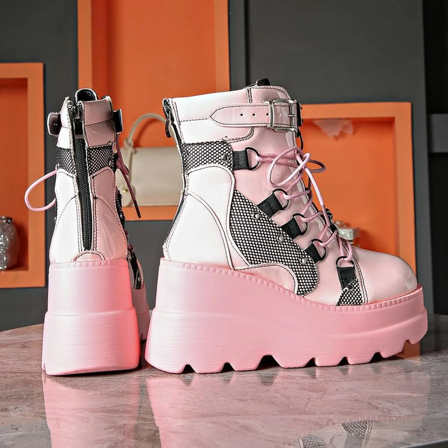 Meefit Women Goth platform Boots Wedge High Heel Lace Up Ankle Boots Round Toe Combat Booties Motorcycle Boot