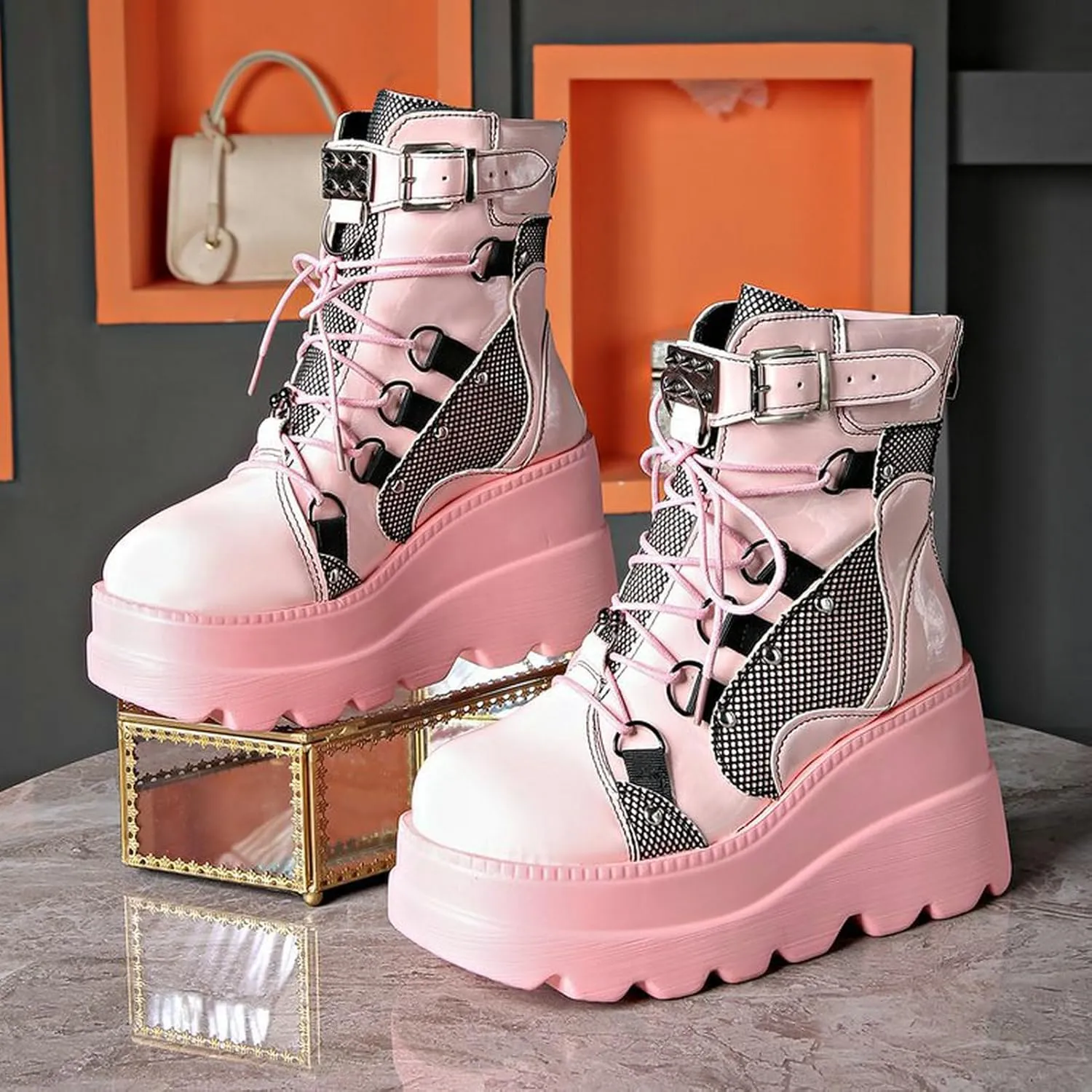 Meefit Women Goth platform Boots Wedge High Heel Lace Up Ankle Boots Round Toe Combat Booties Motorcycle Boot