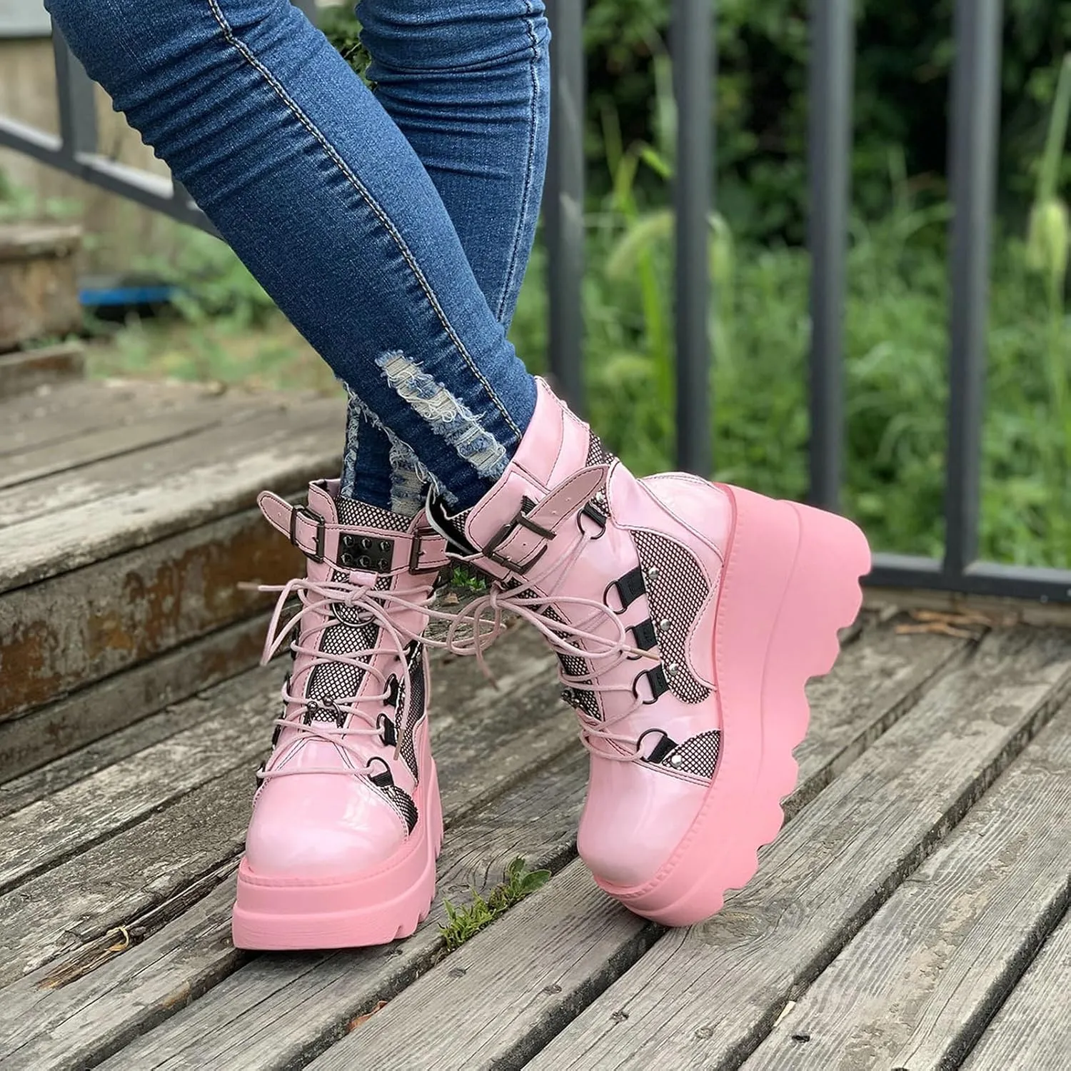 Meefit Women Goth platform Boots Wedge High Heel Lace Up Ankle Boots Round Toe Combat Booties Motorcycle Boot