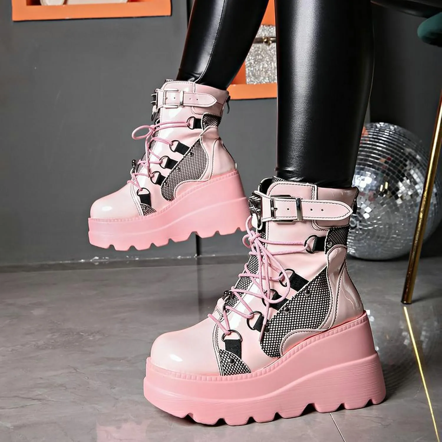 Meefit Women Goth platform Boots Wedge High Heel Lace Up Ankle Boots Round Toe Combat Booties Motorcycle Boot