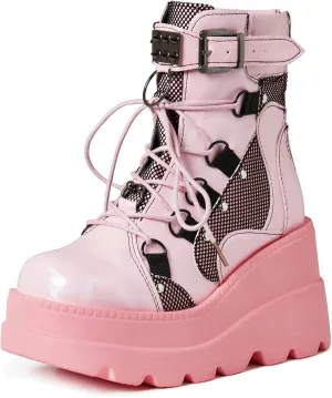 Meefit Women Goth platform Boots Wedge High Heel Lace Up Ankle Boots Round Toe Combat Booties Motorcycle Boot