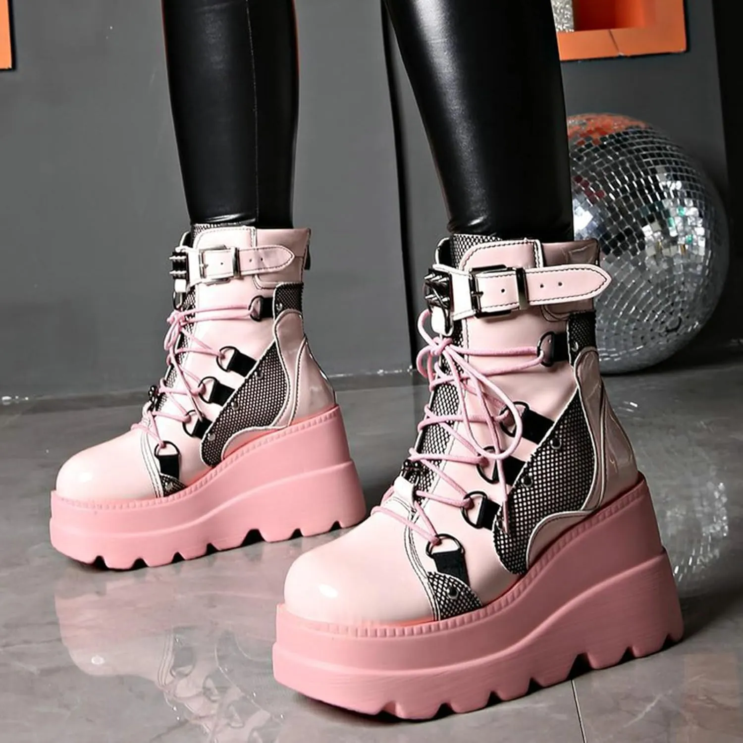 Meefit Women Goth platform Boots Wedge High Heel Lace Up Ankle Boots Round Toe Combat Booties Motorcycle Boot