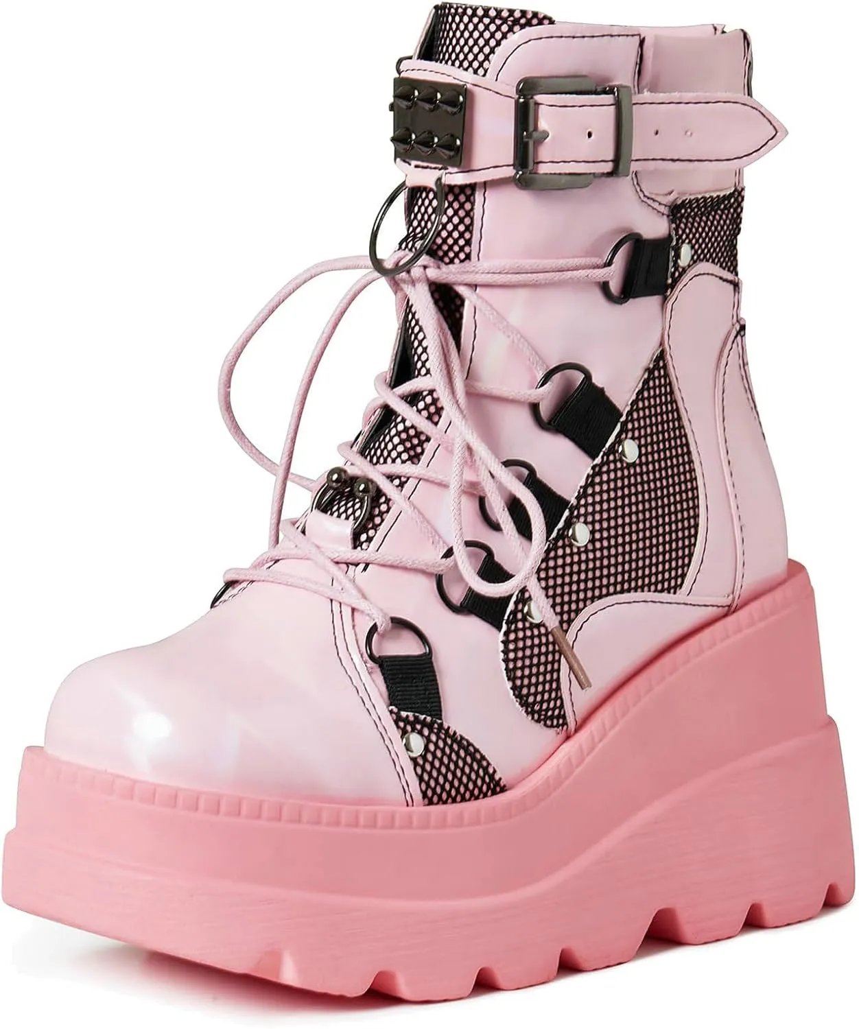 Meefit Women Goth platform Boots Wedge High Heel Lace Up Ankle Boots Round Toe Combat Booties Motorcycle Boot