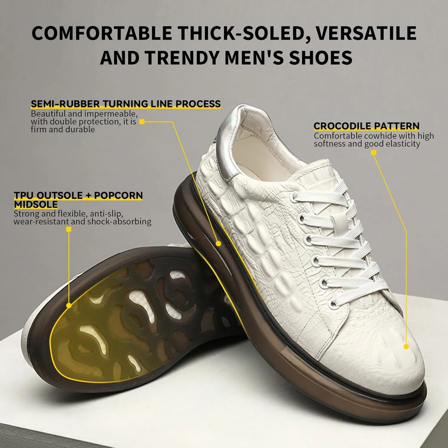Men's Fashion Printed Height Increasing Platform Sneakers,Lace Up Platform Leather Casual Driving Shoes,Suitable for Outdoor Business Offices