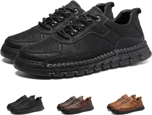 Men's Genuine Leather Lace Up Casual Loafers Handmade Stitching Round Toe Soft Sole Outdoor Fashion Sneakers Comfortable Lightweight Dress Walking Shoes for Driving Business Working