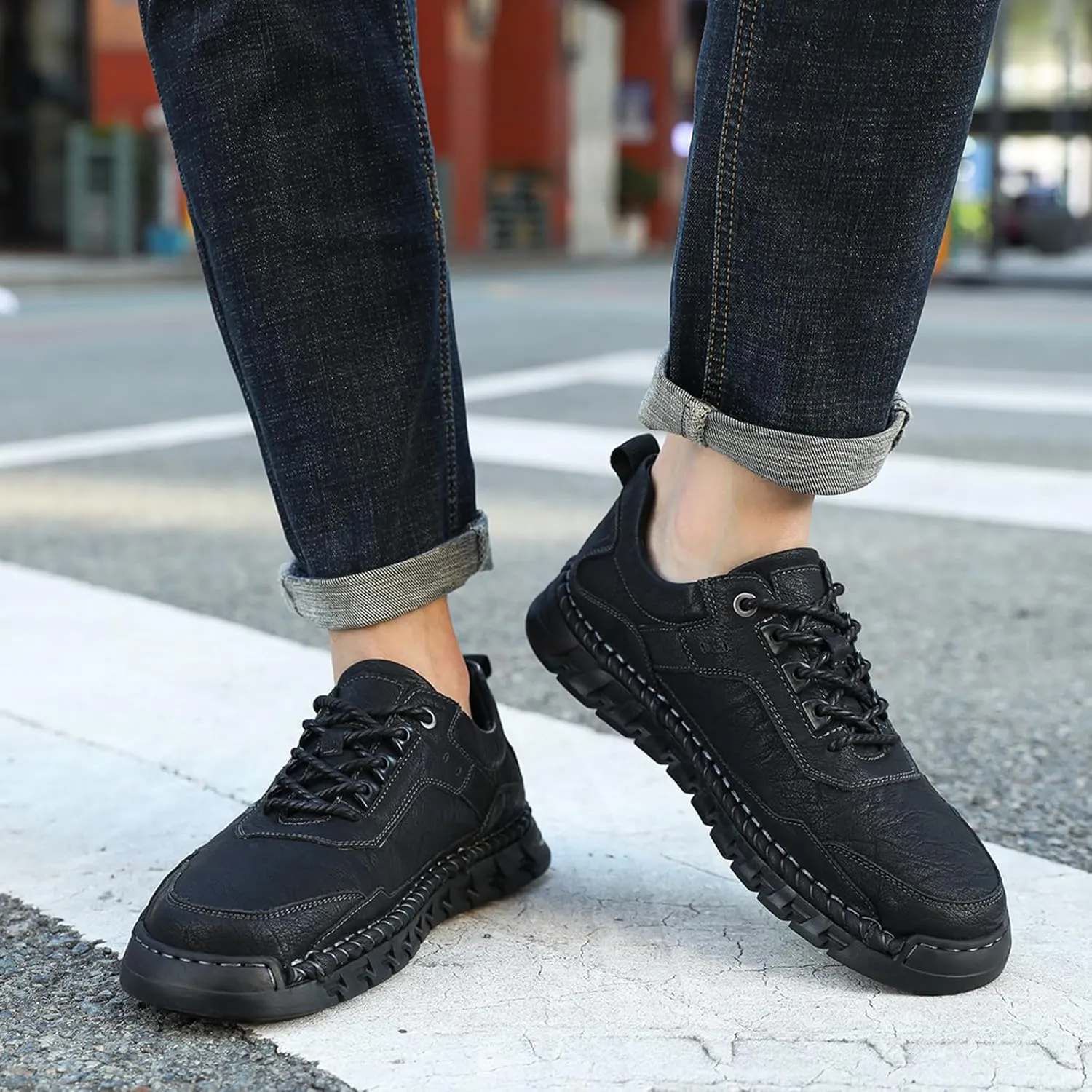 Men's Genuine Leather Lace Up Casual Loafers Handmade Stitching Round Toe Soft Sole Outdoor Fashion Sneakers Comfortable Lightweight Dress Walking Shoes for Driving Business Working