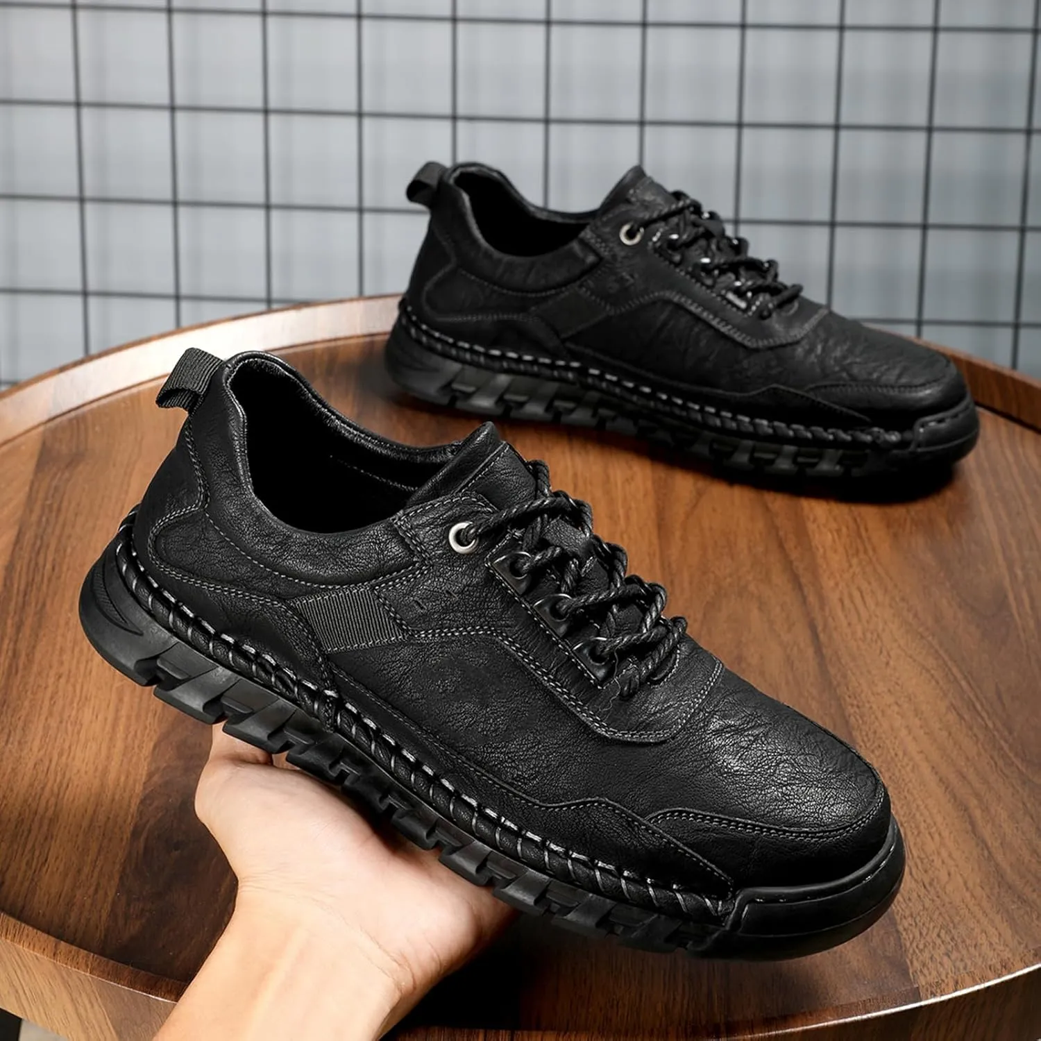 Men's Genuine Leather Lace Up Casual Loafers Handmade Stitching Round Toe Soft Sole Outdoor Fashion Sneakers Comfortable Lightweight Dress Walking Shoes for Driving Business Working