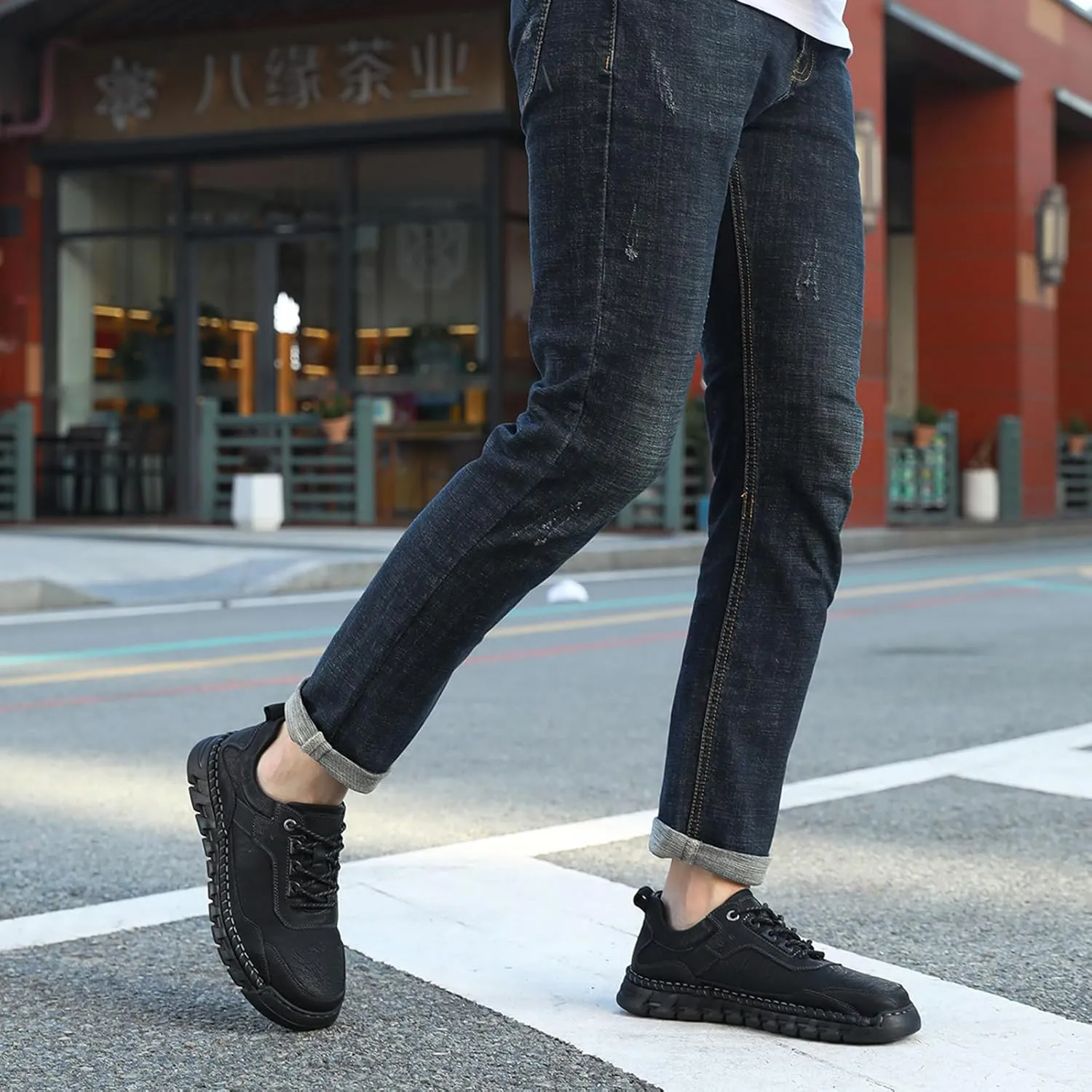 Men's Genuine Leather Lace Up Casual Loafers Handmade Stitching Round Toe Soft Sole Outdoor Fashion Sneakers Comfortable Lightweight Dress Walking Shoes for Driving Business Working