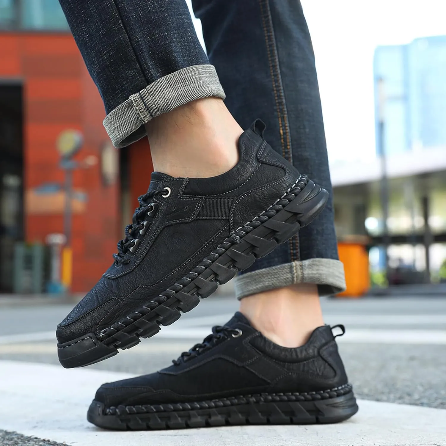 Men's Genuine Leather Lace Up Casual Loafers Handmade Stitching Round Toe Soft Sole Outdoor Fashion Sneakers Comfortable Lightweight Dress Walking Shoes for Driving Business Working