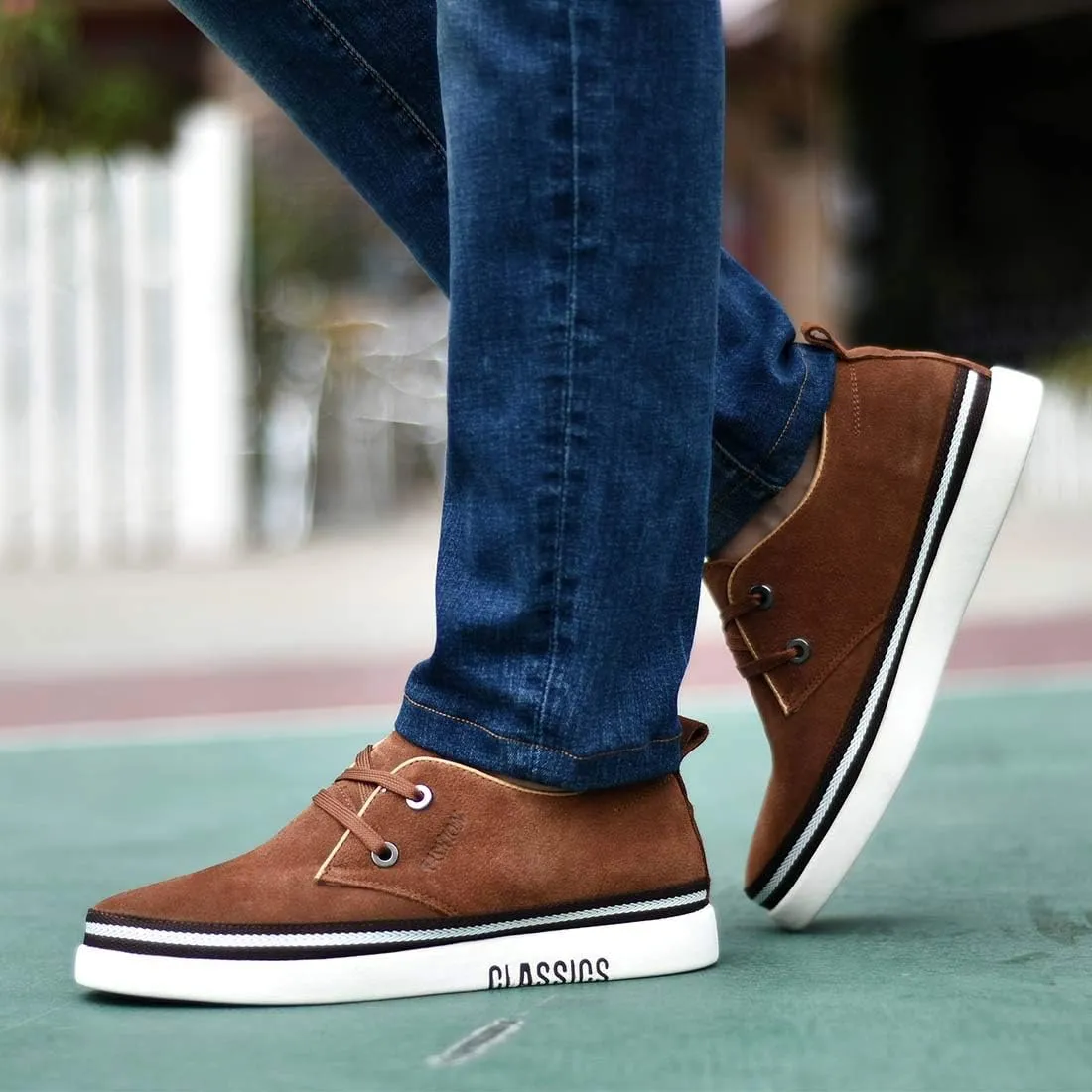 Men's Invisible Height Increasing Elevator 2 Inches Taller Shoes Leather Suede Stitching Lace-up Thick Sole Oxfords