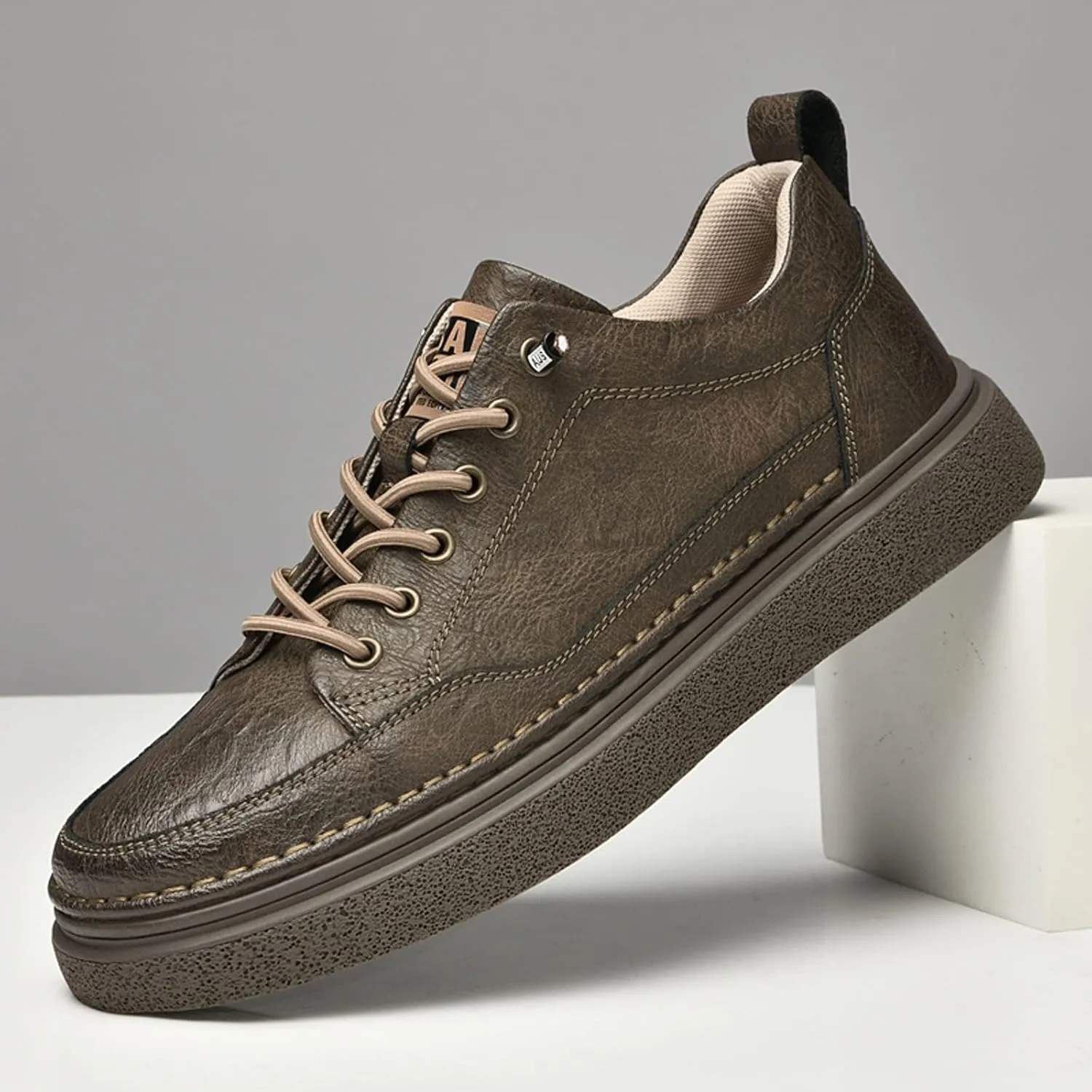 Mens Invisible Height Increasing Sneakers Cowhide Leather Moccasin Lace Up Elevator Dress Shoes - Extra 1.96 Inches Taller