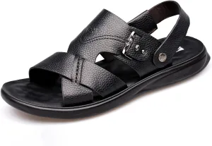 Mens Leather Cross Strap Sandals, Summer Cowhide Open Toe Beach Slippers, Outdoor Concave and Convex Anti-skid Texture Walking Sandals
