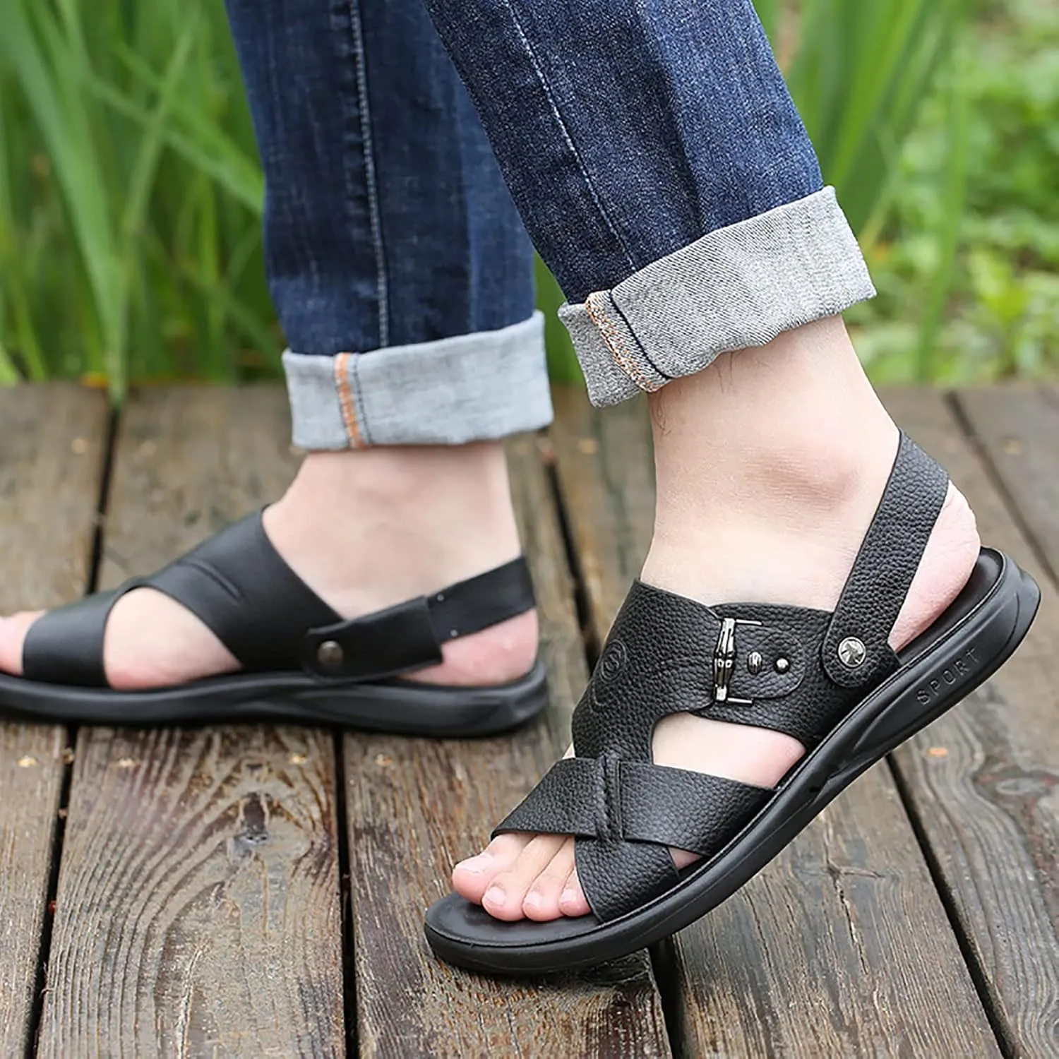 Mens Leather Cross Strap Sandals, Summer Cowhide Open Toe Beach Slippers, Outdoor Concave and Convex Anti-skid Texture Walking Sandals