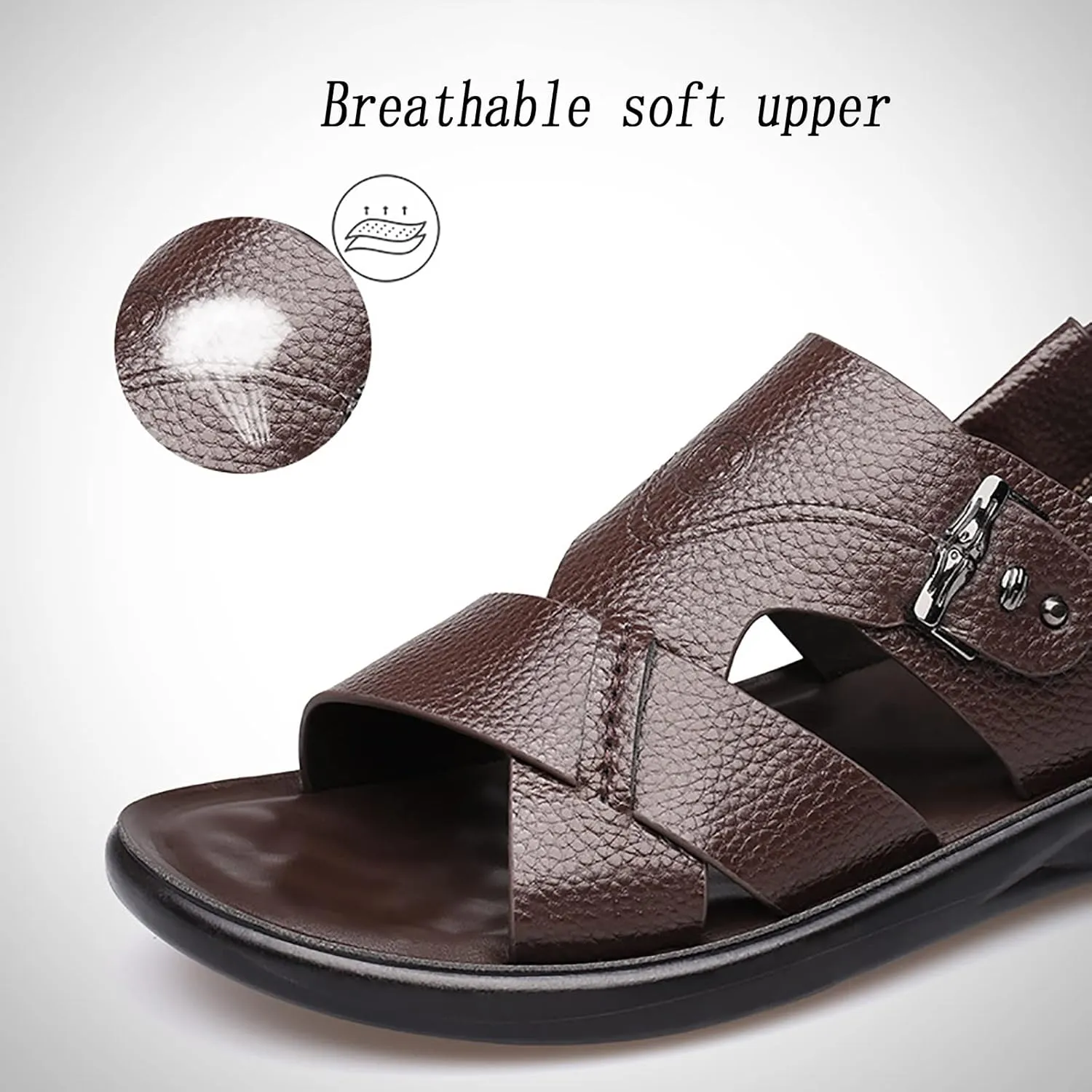 Mens Leather Cross Strap Sandals, Summer Cowhide Open Toe Beach Slippers, Outdoor Concave and Convex Anti-skid Texture Walking Sandals