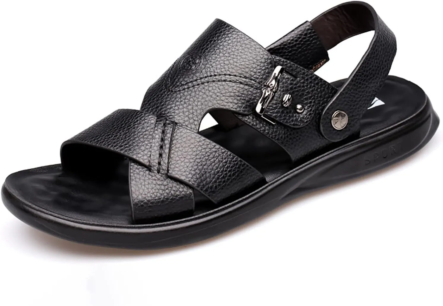 Mens Leather Cross Strap Sandals, Summer Cowhide Open Toe Beach Slippers, Outdoor Concave and Convex Anti-skid Texture Walking Sandals
