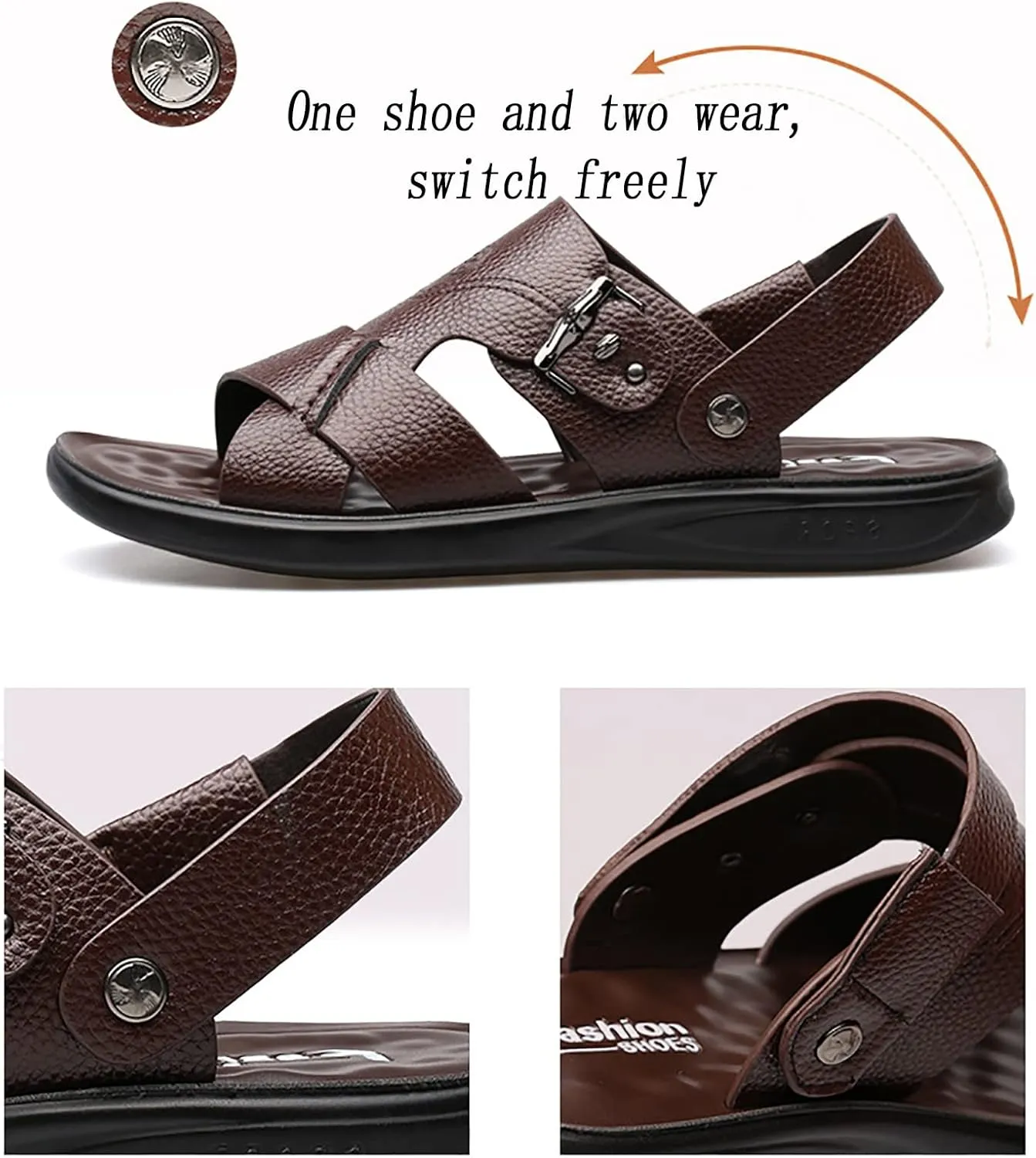 Mens Leather Cross Strap Sandals, Summer Cowhide Open Toe Beach Slippers, Outdoor Concave and Convex Anti-skid Texture Walking Sandals