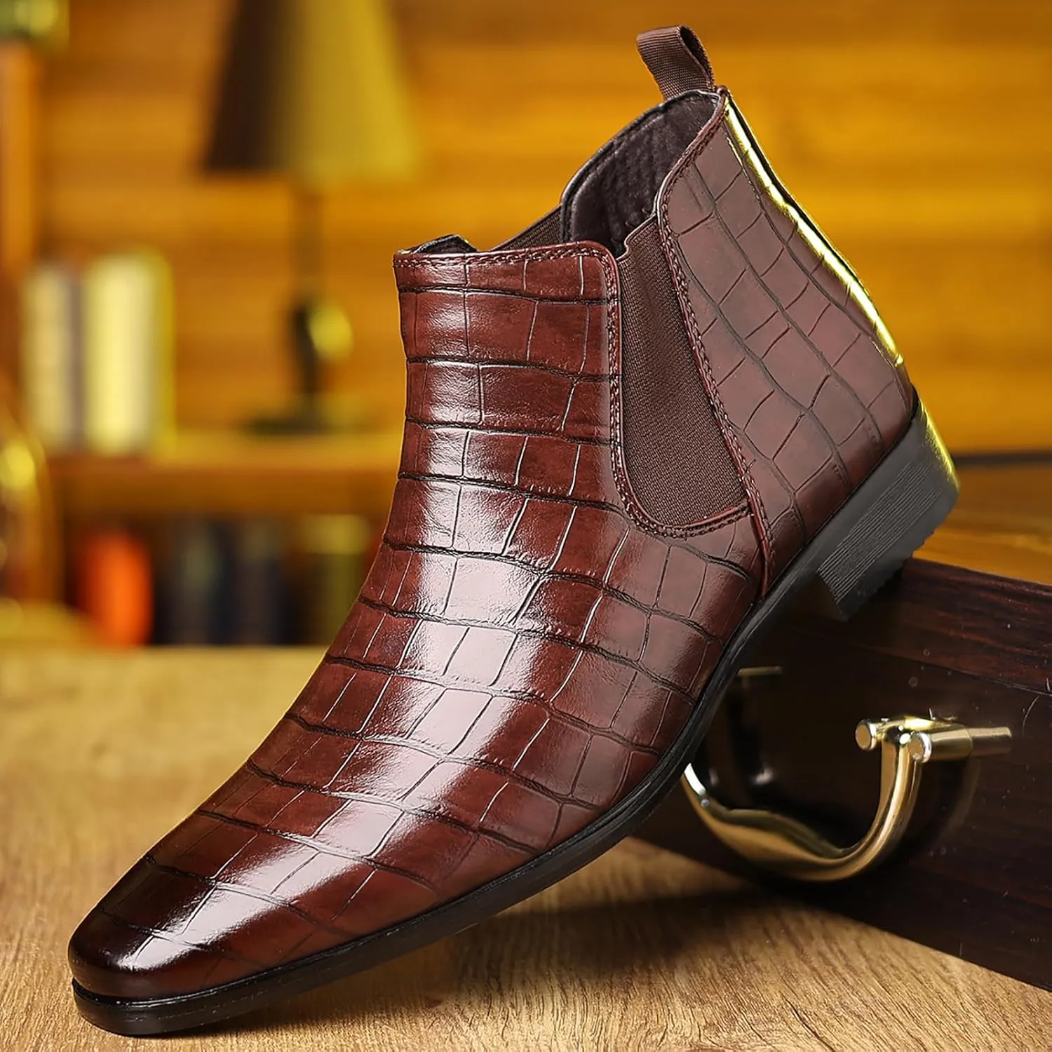 Men's Leather Print Slip On Chelsea Boots Comfortable High Top Pointed Toe Elastic Band Pull On Business Casual Dress Ankle Boots
