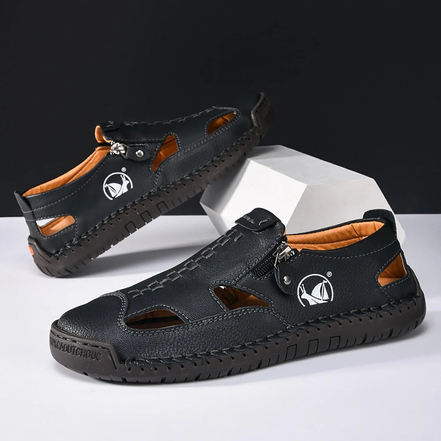 Mens Leather Sandals Hollow Closed Toe Summer Outdoor Casual Beach Shoes Casual Sports Sandals