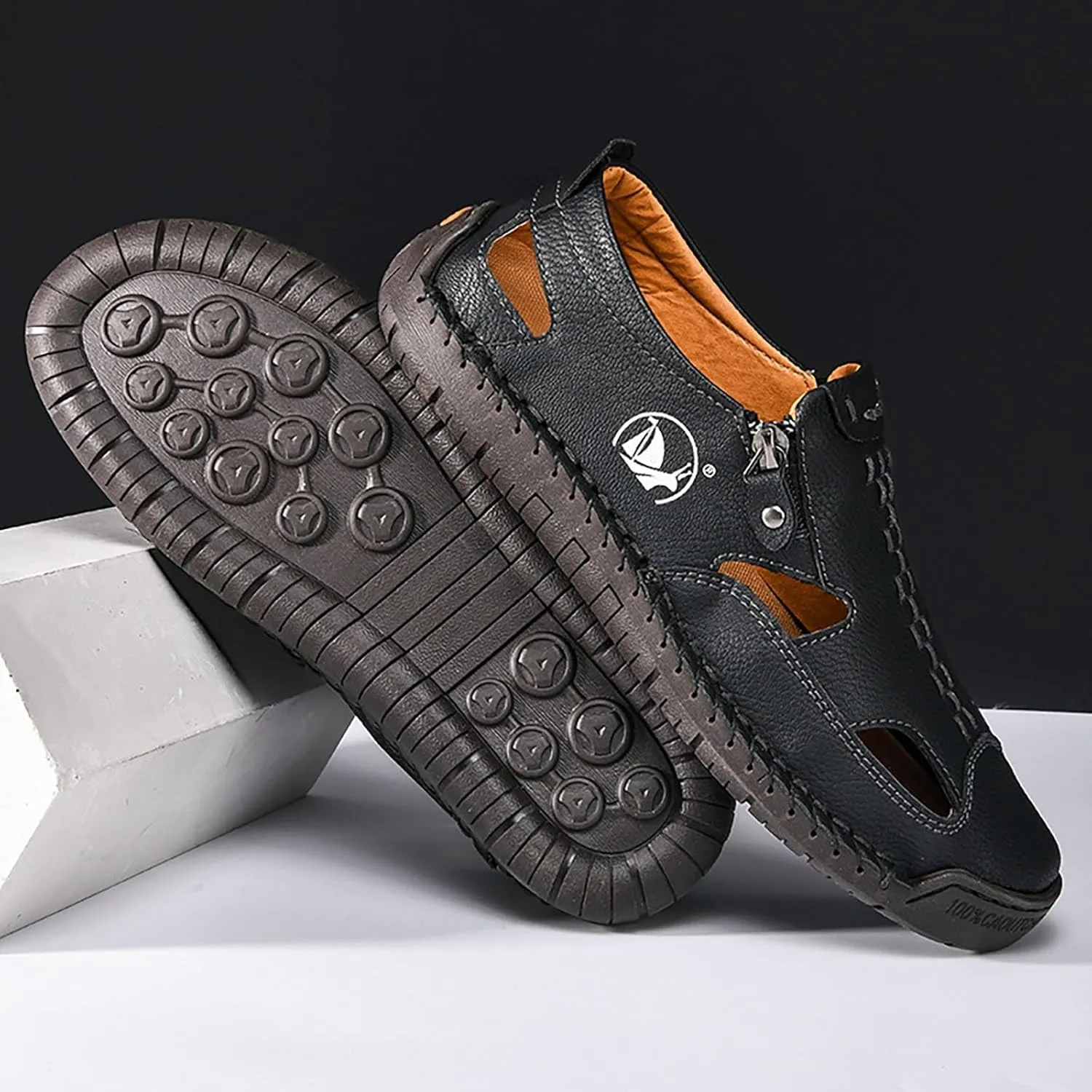 Mens Leather Sandals Hollow Closed Toe Summer Outdoor Casual Beach Shoes Casual Sports Sandals