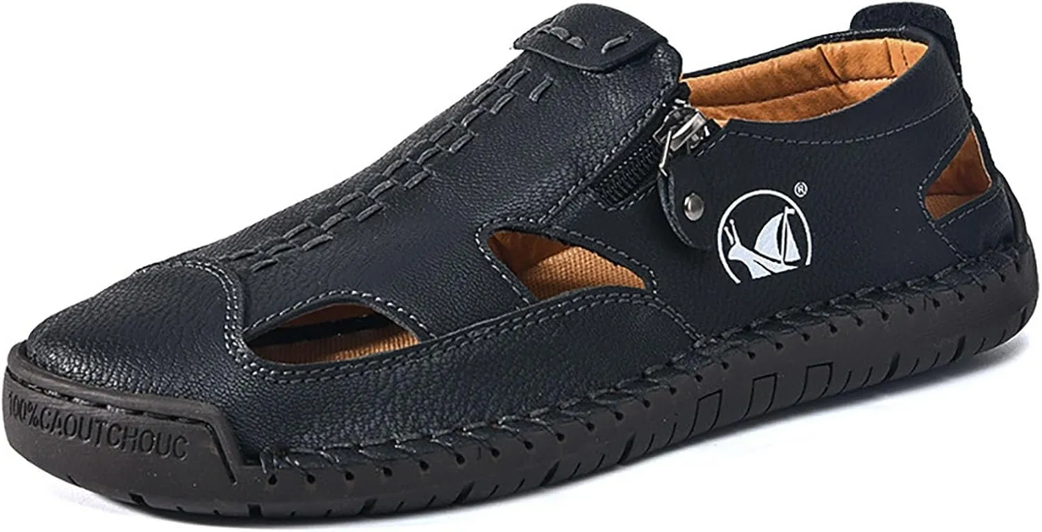 Mens Leather Sandals Hollow Closed Toe Summer Outdoor Casual Beach Shoes Casual Sports Sandals
