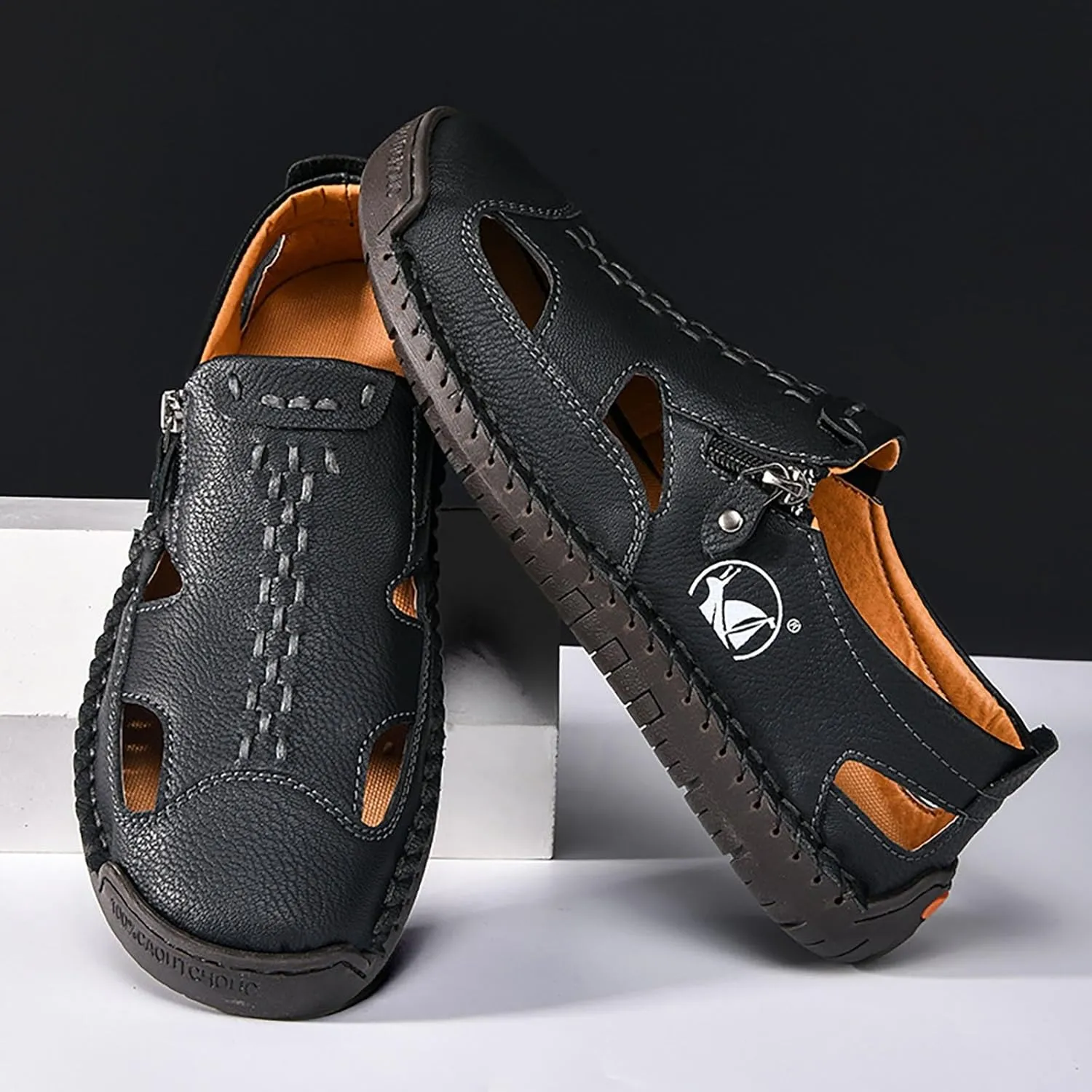 Mens Leather Sandals Hollow Closed Toe Summer Outdoor Casual Beach Shoes Casual Sports Sandals