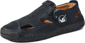 Mens Leather Sandals Hollow Closed Toe Summer Outdoor Casual Beach Shoes Casual Sports Sandals