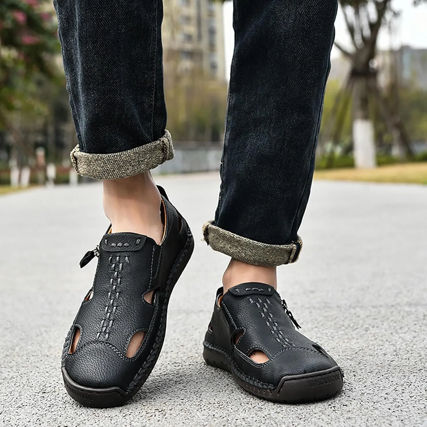 Mens Leather Sandals Hollow Closed Toe Summer Outdoor Casual Beach Shoes Casual Sports Sandals