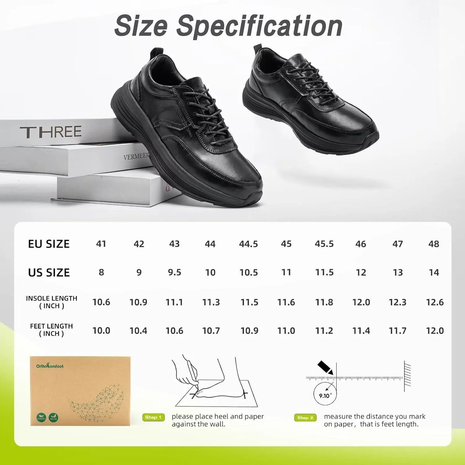 Men's Orthopedic Leather Dress Fashion Sneakers: Comfortable Plantar Fasciitis Business Walking Shoes with Arch Support, Orthotic Flat Feet Thick Sole Sneakers for Foot and Heel Pain Relief