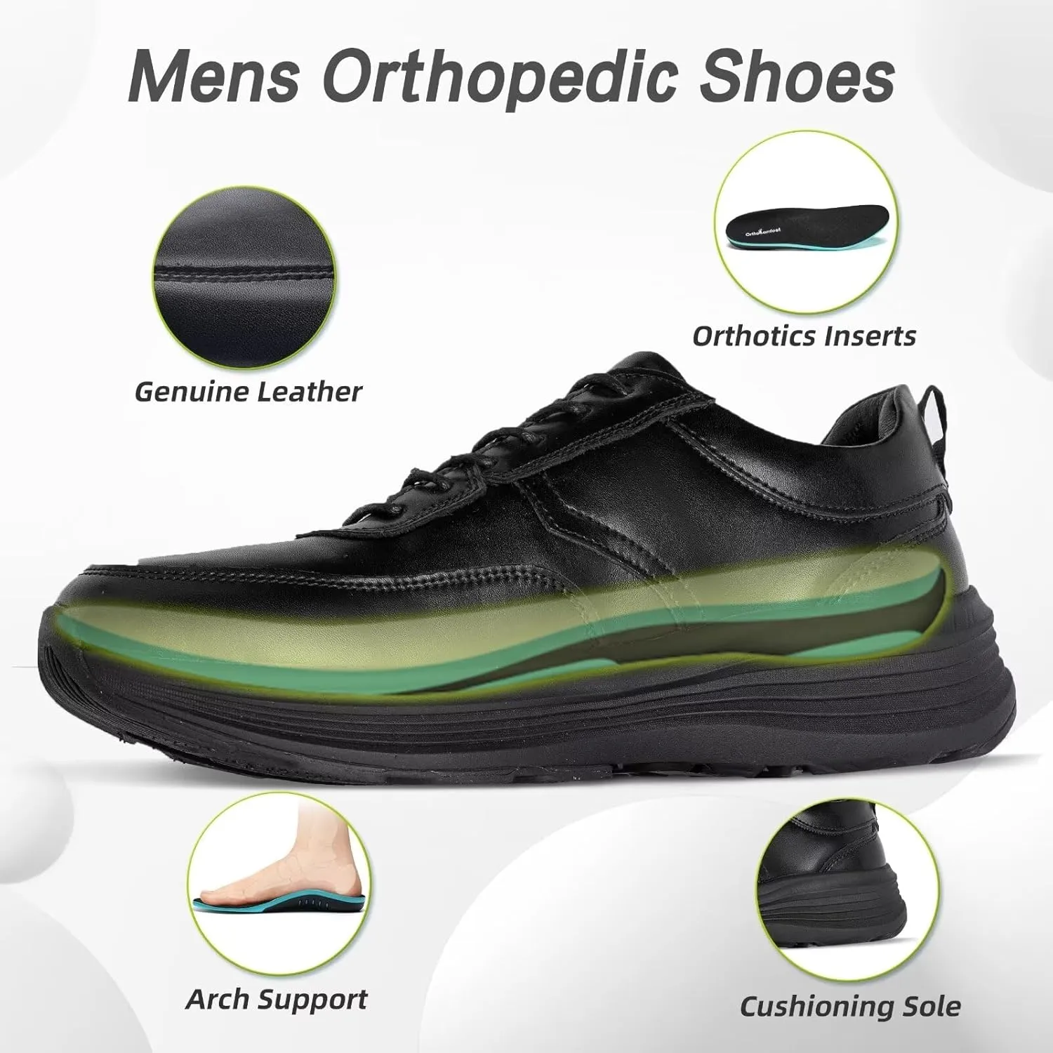 Men's Orthopedic Leather Dress Fashion Sneakers: Comfortable Plantar Fasciitis Business Walking Shoes with Arch Support, Orthotic Flat Feet Thick Sole Sneakers for Foot and Heel Pain Relief
