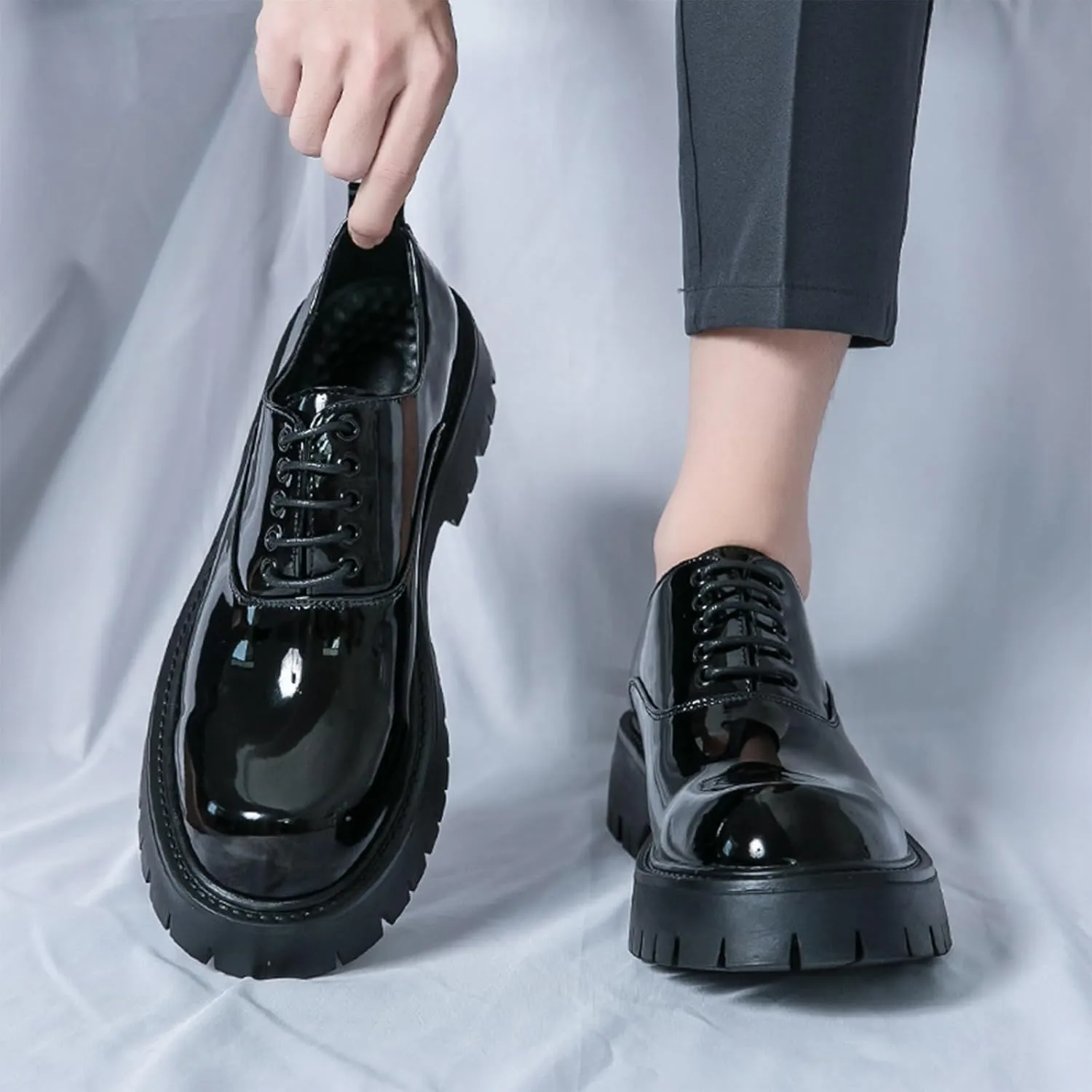 Men's Polishing Leather Lace-Up Chunky Heels Oxfords Lug Sole Fashion Round Toe Formal Business Shoes Comfortable Non-Slip Walking Sneakers