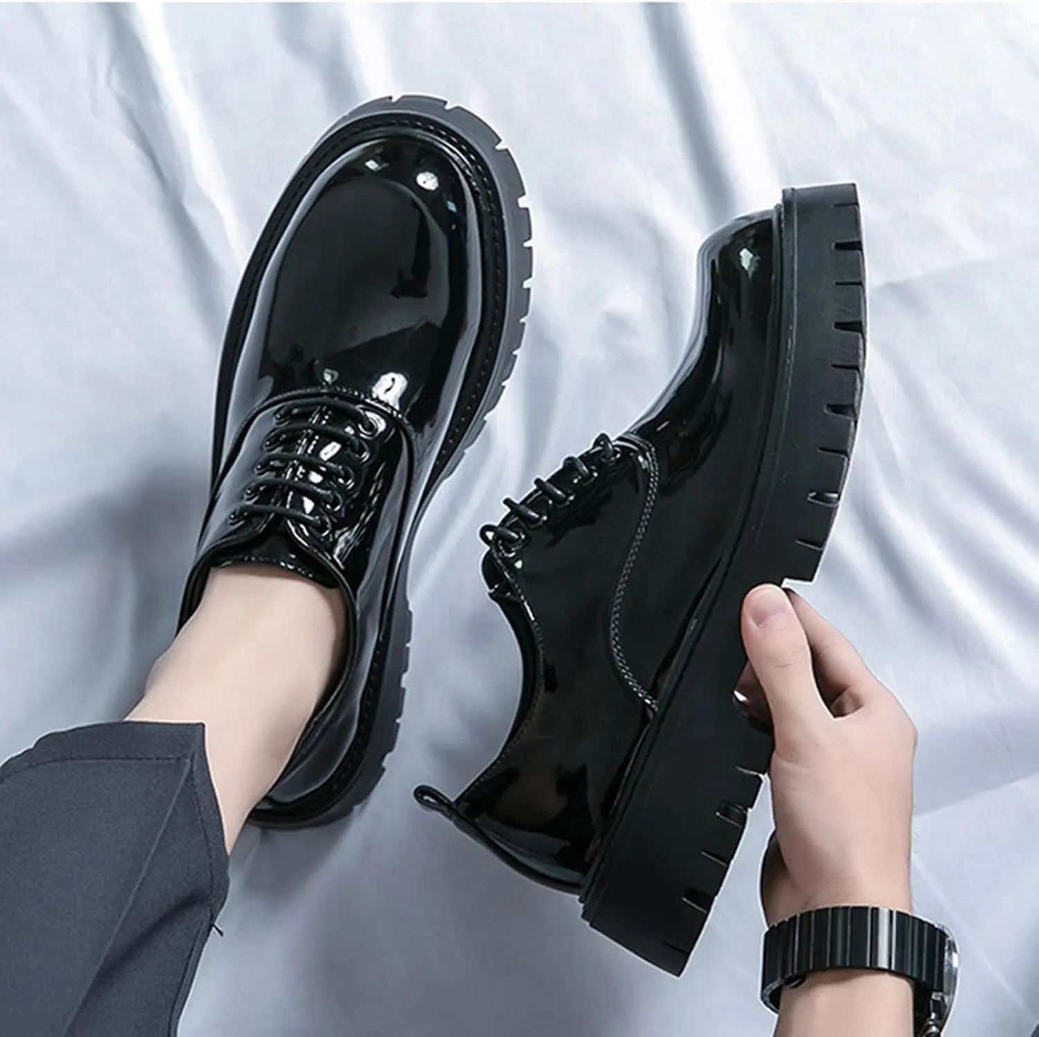 Men's Polishing Leather Lace-Up Chunky Heels Oxfords Lug Sole Fashion Round Toe Formal Business Shoes Comfortable Non-Slip Walking Sneakers