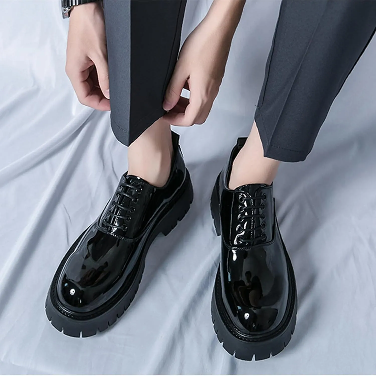 Men's Polishing Leather Lace-Up Chunky Heels Oxfords Lug Sole Fashion Round Toe Formal Business Shoes Comfortable Non-Slip Walking Sneakers