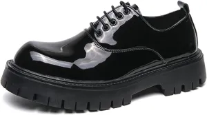 Men's Polishing Leather Lace-Up Chunky Heels Oxfords Lug Sole Fashion Round Toe Formal Business Shoes Comfortable Non-Slip Walking Sneakers