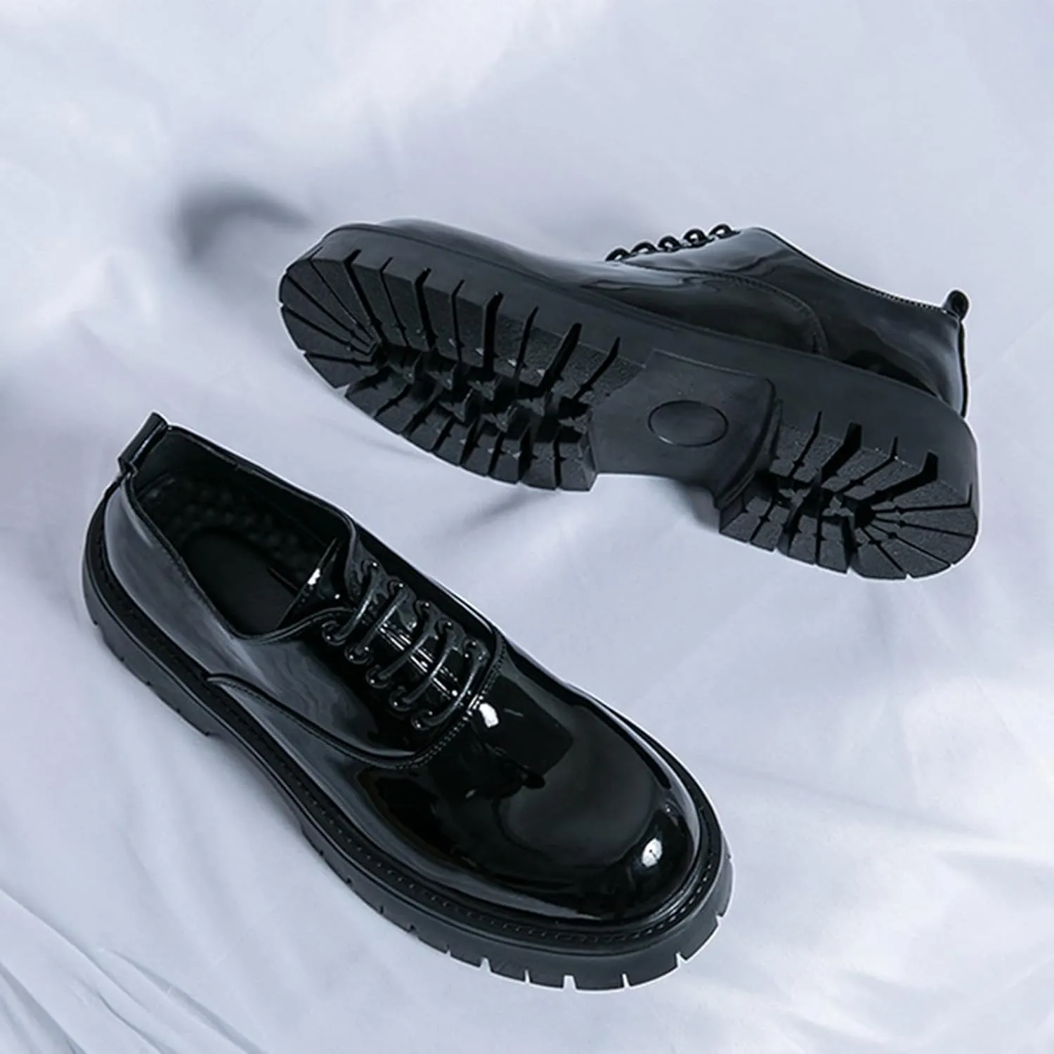 Men's Polishing Leather Lace-Up Chunky Heels Oxfords Lug Sole Fashion Round Toe Formal Business Shoes Comfortable Non-Slip Walking Sneakers