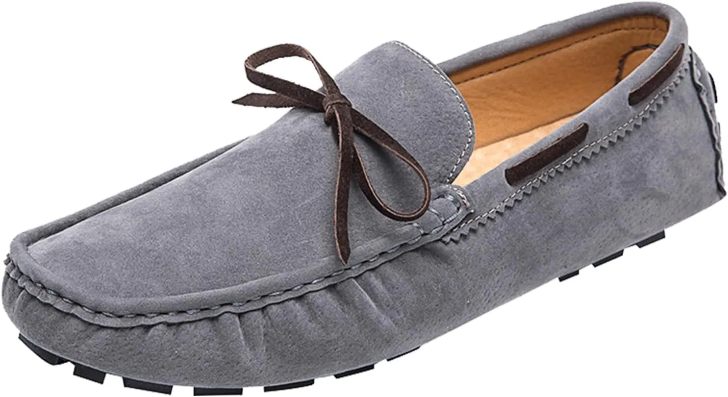 Men's Suede Handmade Moccasin Loafers Retro Round Toe Bow Slip On Comfortable Driving Shoes Fashionable Solid Color Non-Slip Walking Shoes