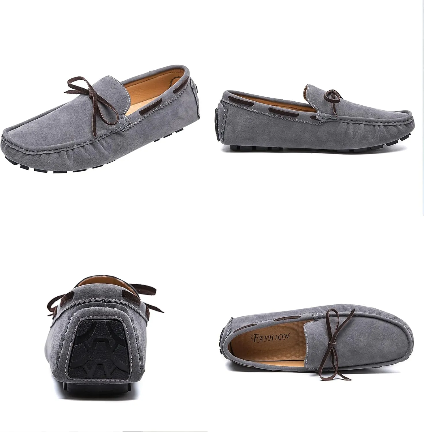 Men's Suede Handmade Moccasin Loafers Retro Round Toe Bow Slip On Comfortable Driving Shoes Fashionable Solid Color Non-Slip Walking Shoes