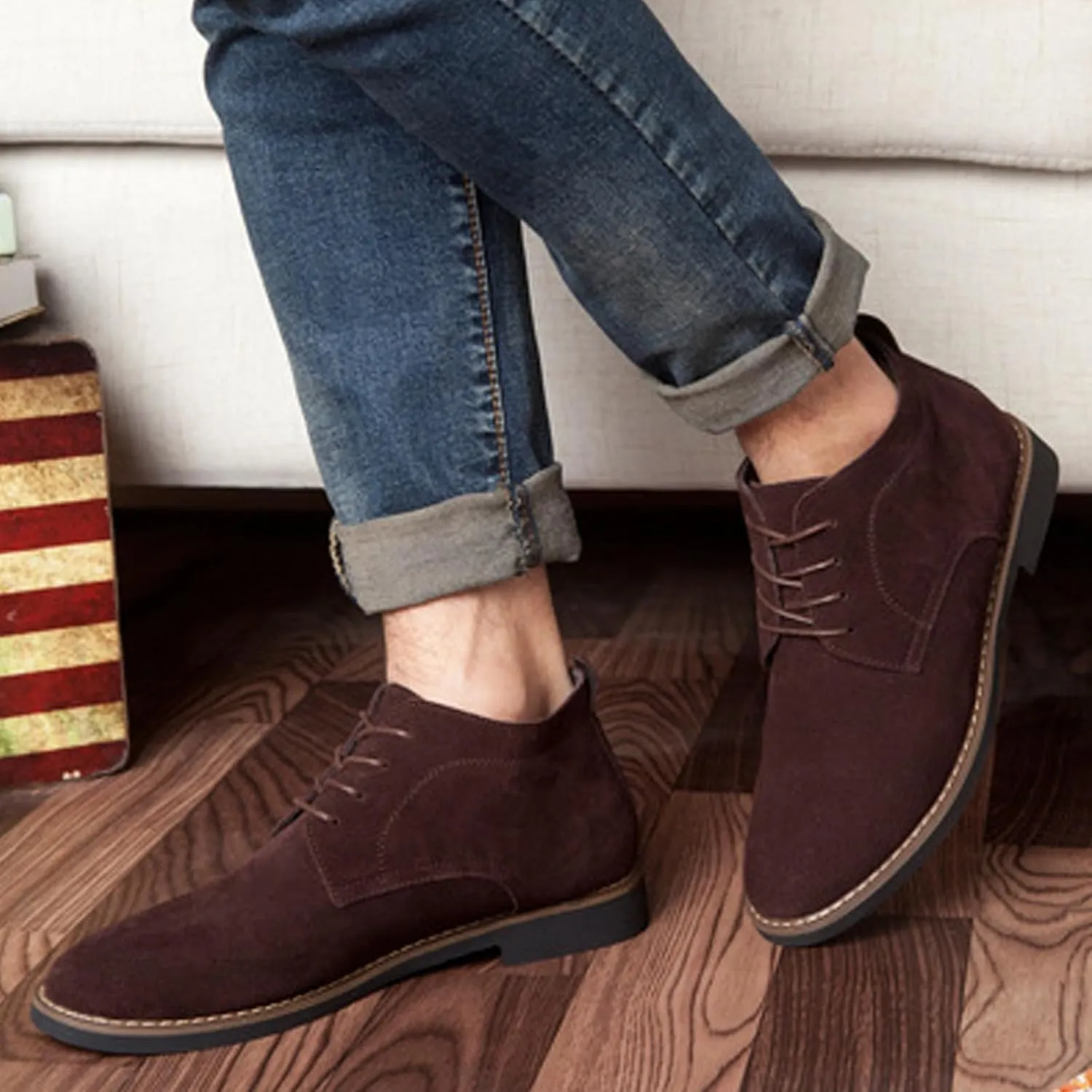 Men's Suede Lace Up Low Heel Chukka Ankle Boots Classic Fashion Comfortable Non-Slip Business Oxford Leather Dress Booties for Work Driving