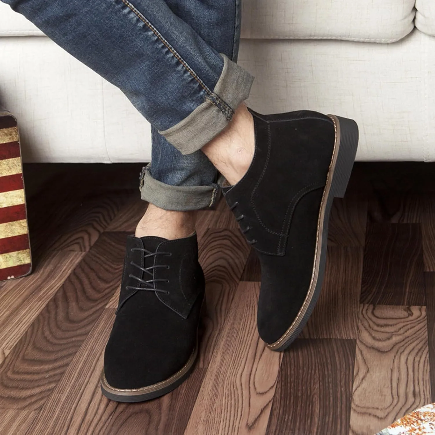 Men's Suede Lace Up Low Heel Chukka Ankle Boots Classic Fashion Comfortable Non-Slip Business Oxford Leather Dress Booties for Work Driving
