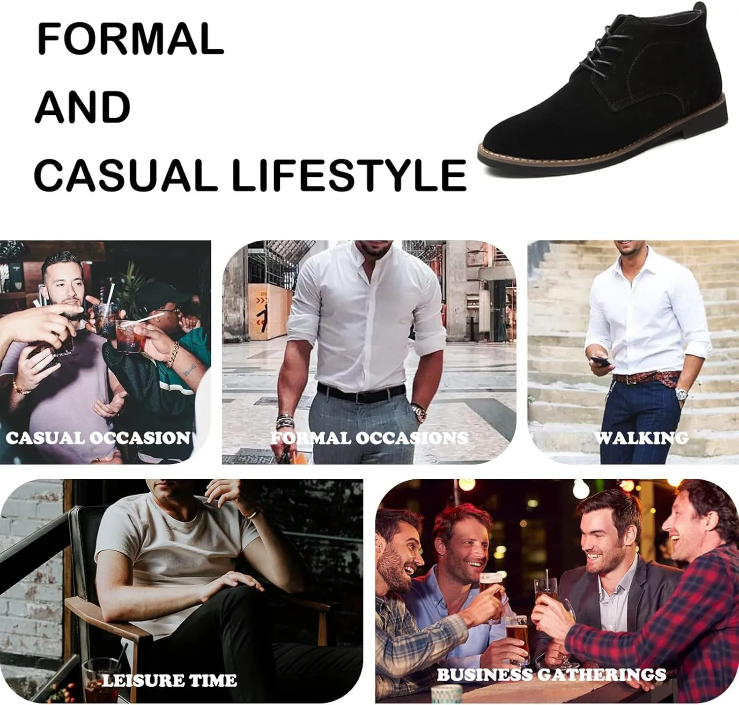 Men's Suede Lace Up Low Heel Chukka Ankle Boots Classic Fashion Comfortable Non-Slip Business Oxford Leather Dress Booties for Work Driving