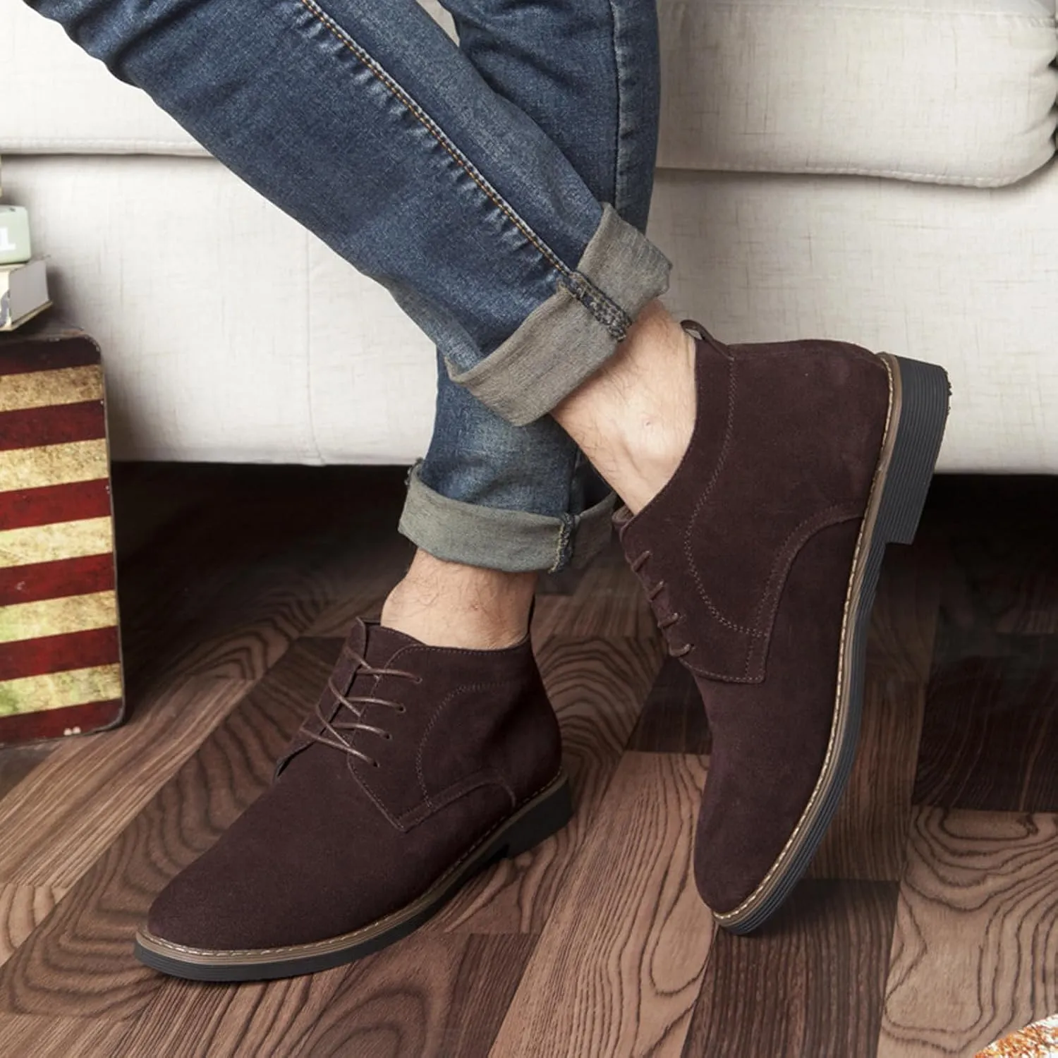 Men's Suede Lace Up Low Heel Chukka Ankle Boots Classic Fashion Comfortable Non-Slip Business Oxford Leather Dress Booties for Work Driving