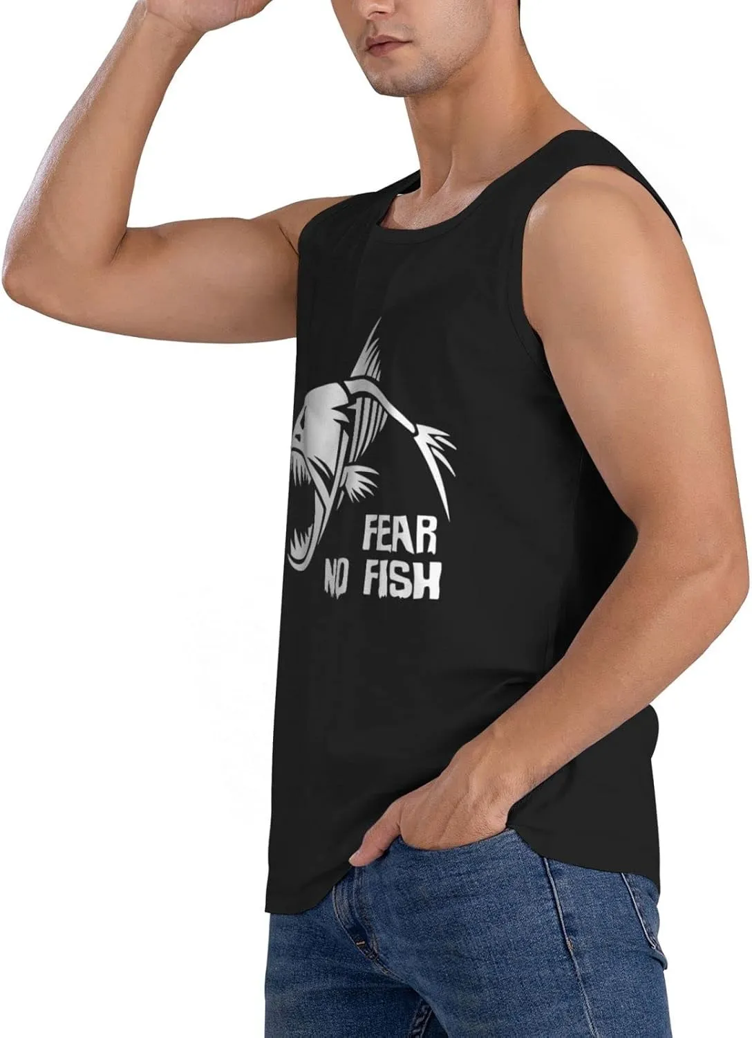 Men's Tank Top Sleeveless Tees Fear No Fish Quick Dry Sport Shirts Muscle Workout Gym Beach T-Shirts