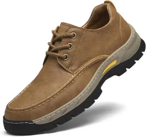 Men's Waterproof Leather Low-Top Hiking Shoes Casual Lace Up Non-Slip Wear-Resistant Thick-Soled Outdoor Walking Sneakers Moccasin Work Shoes