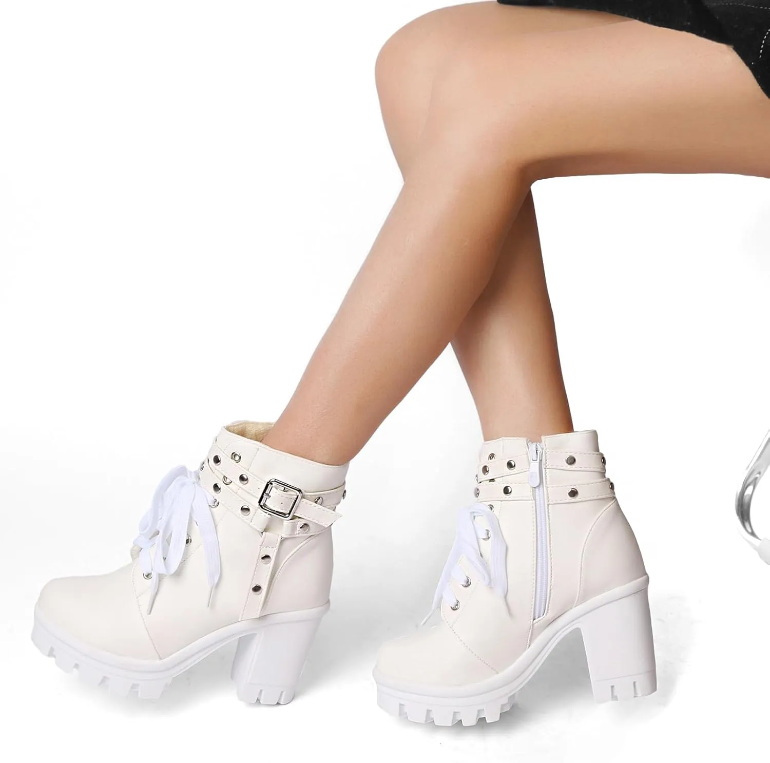 MEOTINA Goth Chunky Platform Boots for Women High Heel Black Ankle Booties Rivets Punk Combat Boot Shoes