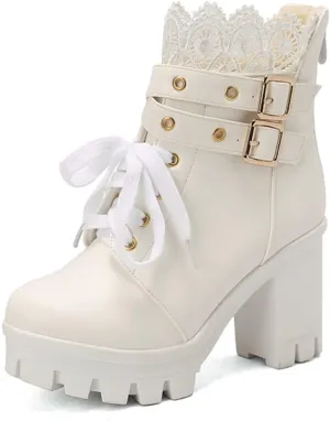 MEOTINA Goth Platform Boots Chunky High Heels Ankle Boots Lace Buckle Gothic Cosplay Booties Zipper Punk Shoes