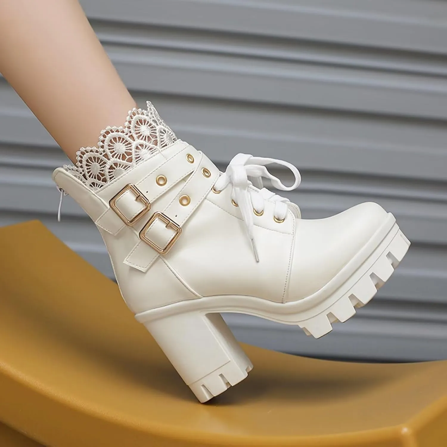 MEOTINA Goth Platform Boots Chunky High Heels Ankle Boots Lace Buckle Gothic Cosplay Booties Zipper Punk Shoes